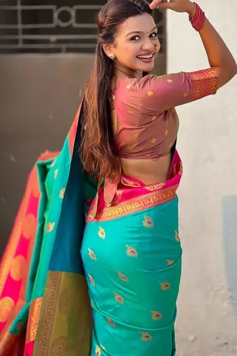 multicolor peacock zari woven soft art silk festive wear saree with unstitched blouse