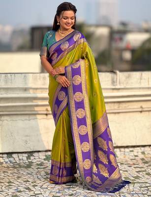 multicolor peacock zari woven soft art silk festive wear saree with unstitched blouse 2