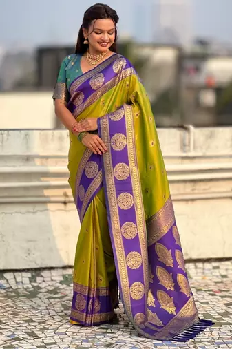 multicolor peacock zari woven soft art silk festive wear saree with unstitched blouse
