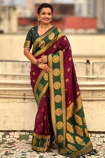 multicolor peacock zari woven soft art silk festive wear saree with unstitched blouse