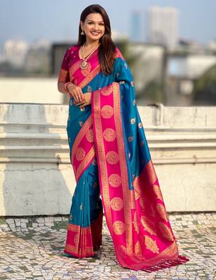 multicolor peacock zari woven soft art silk festive wear saree with unstitched blouse 1