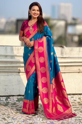 multicolor peacock zari woven soft art silk festive wear saree with unstitched blouse