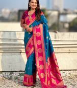 multicolor peacock zari woven soft art silk festive wear saree with unstitched blouse