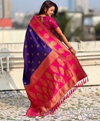 multicolor peacock zari woven soft art silk festive wear saree with unstitched blouse 5