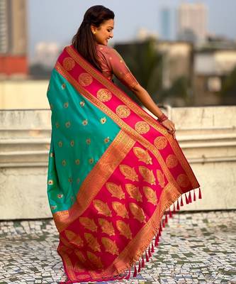 multicolor peacock zari woven soft art silk festive wear saree with unstitched blouse 5