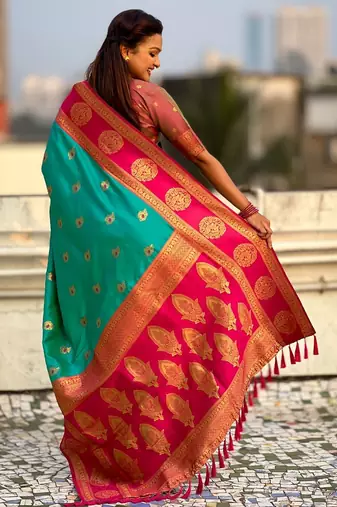 multicolor peacock zari woven soft art silk festive wear saree with unstitched blouse