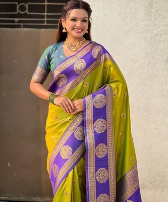 multicolor peacock zari woven soft art silk festive wear saree with unstitched blouse 3