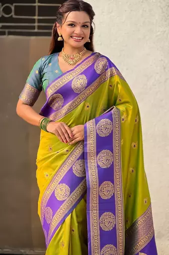 multicolor peacock zari woven soft art silk festive wear saree with unstitched blouse