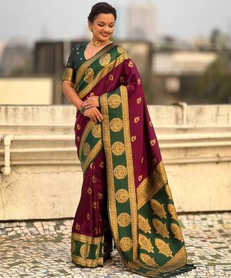 multicolor peacock zari woven soft art silk festive wear saree with unstitched blouse 2