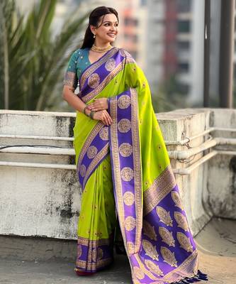 multicolor peacock zari woven soft art silk festive wear saree with unstitched blouse 1