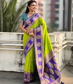 multicolor peacock zari woven soft art silk festive wear saree with unstitched blouse