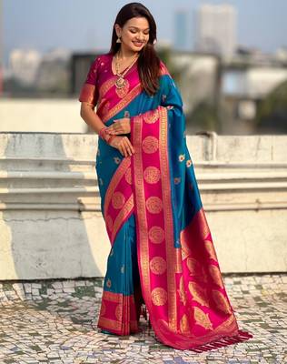 multicolor peacock zari woven soft art silk festive wear saree with unstitched blouse 2