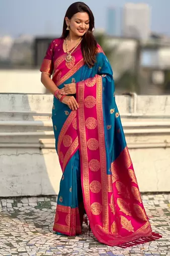 multicolor peacock zari woven soft art silk festive wear saree with unstitched blouse
