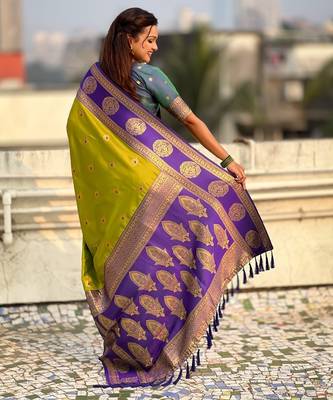 multicolor peacock zari woven soft art silk festive wear saree with unstitched blouse 5