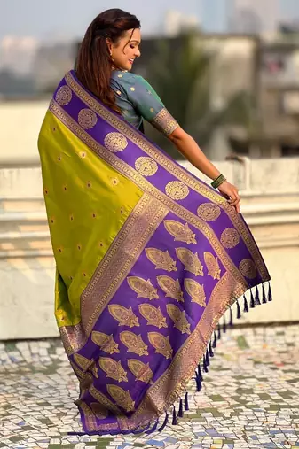 multicolor peacock zari woven soft art silk festive wear saree with unstitched blouse