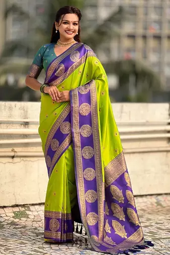 multicolor peacock zari woven soft art silk festive wear saree with unstitched blouse