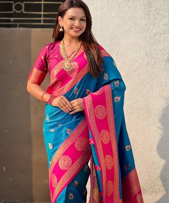 multicolor peacock zari woven soft art silk festive wear saree with unstitched blouse 3