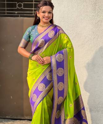 multicolor peacock zari woven soft art silk festive wear saree with unstitched blouse 3