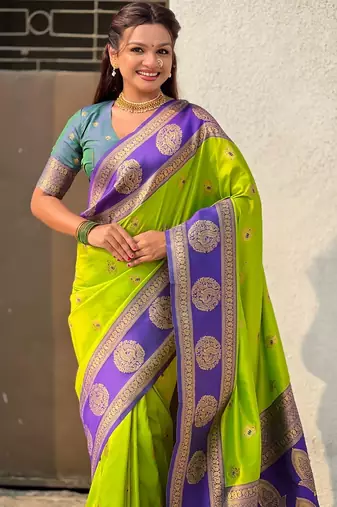 multicolor peacock zari woven soft art silk festive wear saree with unstitched blouse