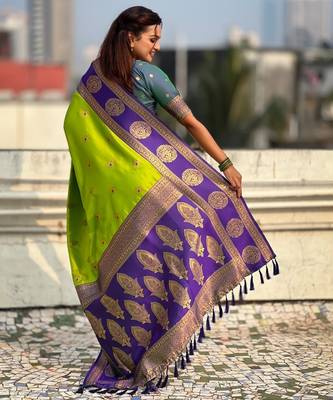 multicolor peacock zari woven soft art silk festive wear saree with unstitched blouse 4
