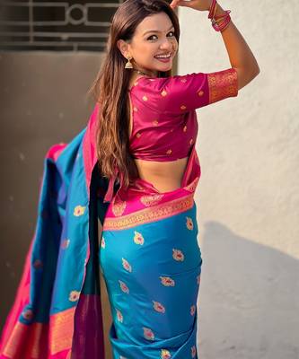 multicolor peacock zari woven soft art silk festive wear saree with unstitched blouse 4