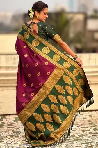 multicolor peacock zari woven soft art silk festive wear saree with unstitched blouse