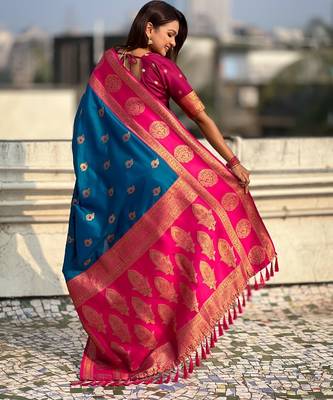 multicolor peacock zari woven soft art silk festive wear saree with unstitched blouse 5