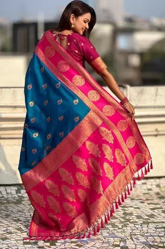 multicolor peacock zari woven soft art silk festive wear saree with unstitched blouse