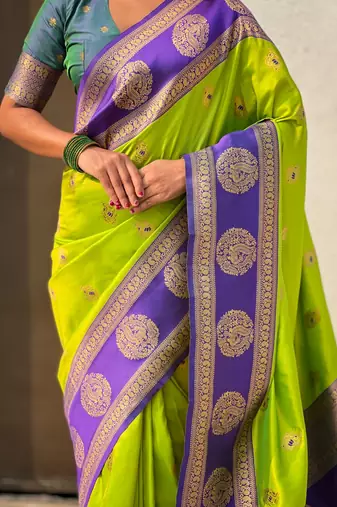 multicolor peacock zari woven soft art silk festive wear saree with unstitched blouse