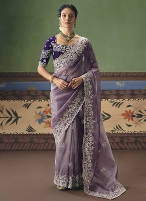 Light wine designer embroidery fancy occasion wear saree 1