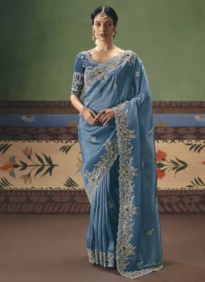 Steel blue designer embroidery fancy occasion wear saree 1