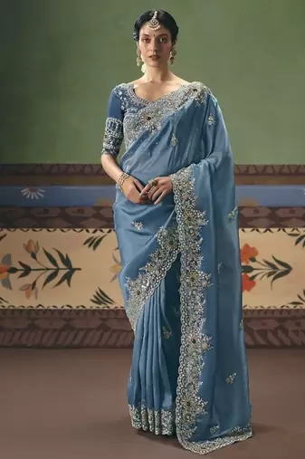 Steel blue designer embroidery fancy occasion wear saree