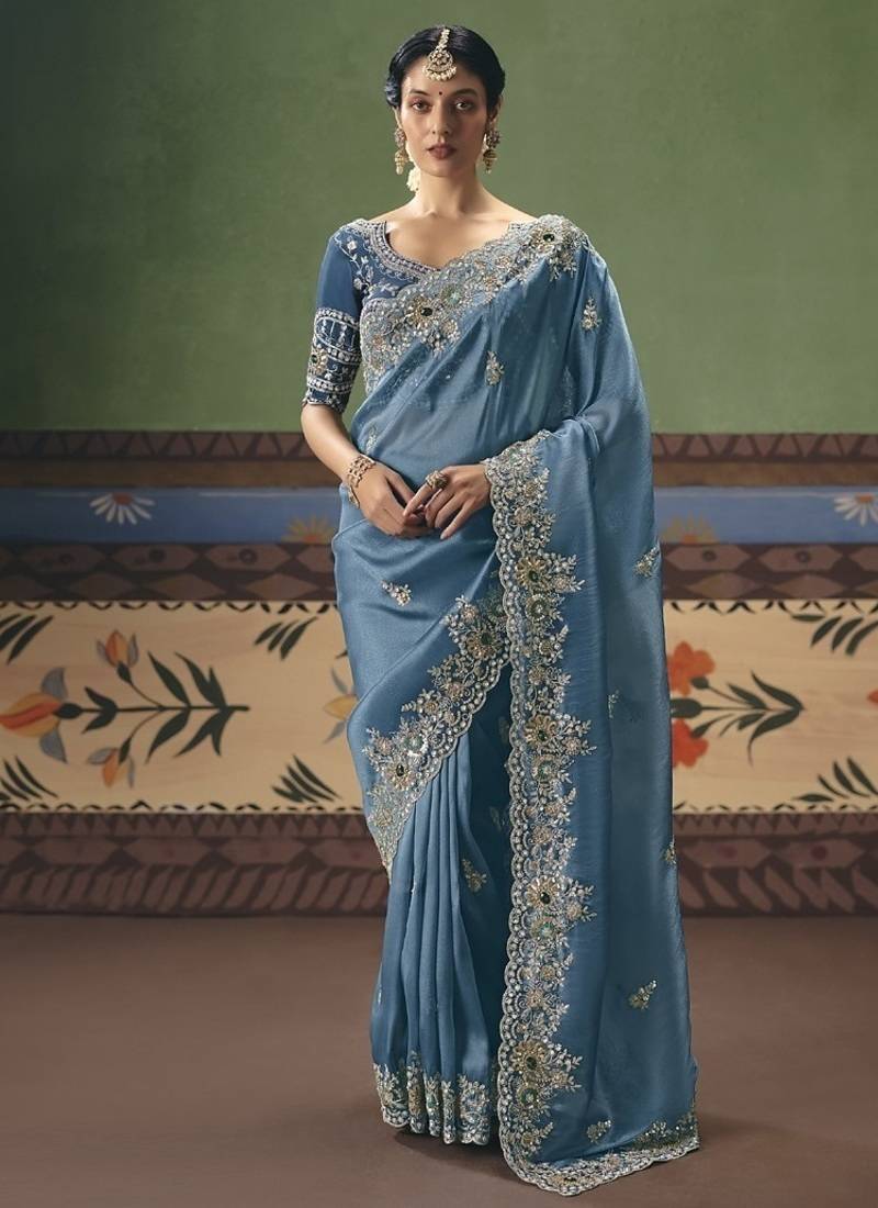 Steel blue designer embroidery fancy occasion wear saree