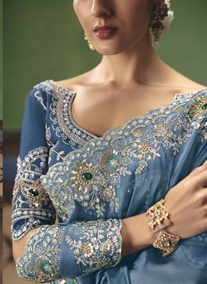 Steel blue designer embroidery fancy occasion wear saree 2
