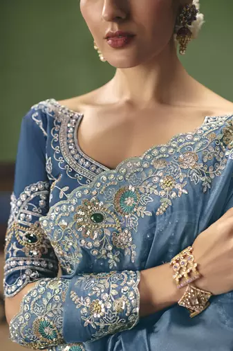 Steel blue designer embroidery fancy occasion wear saree