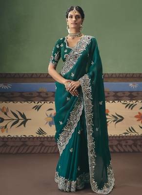 Peacock green designer embroidery fancy  occasion wear saree 1