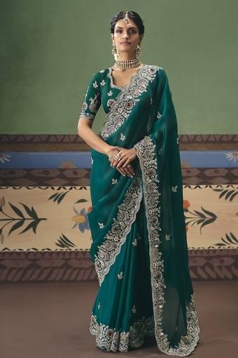 Peacock green designer embroidery fancy  occasion wear saree