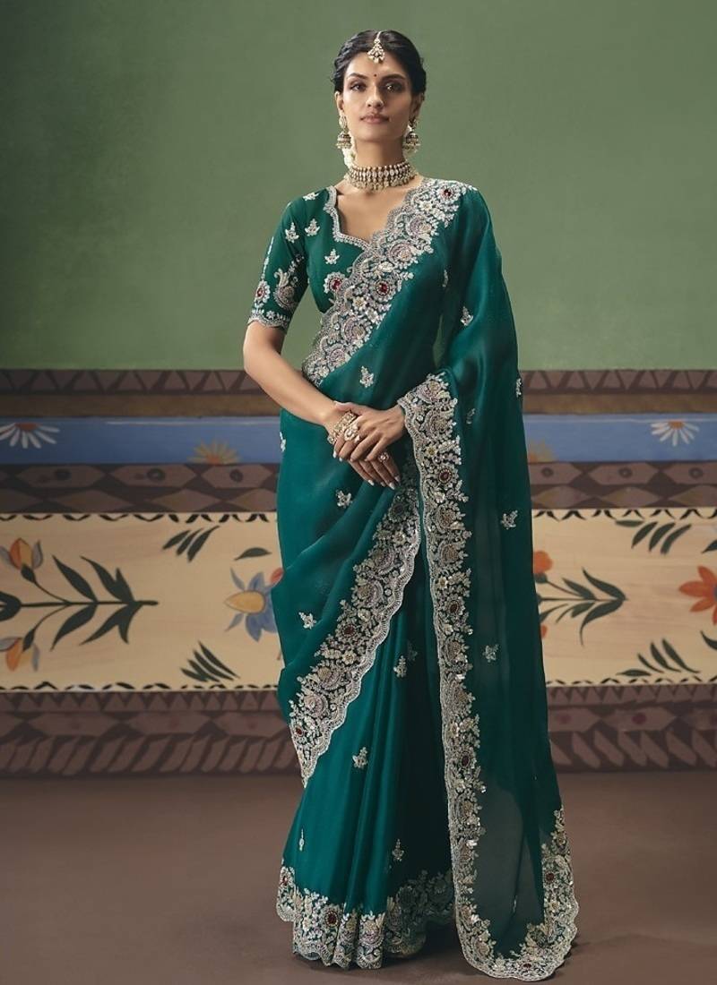 Peacock green designer embroidery fancy  occasion wear saree