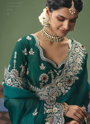 Peacock green designer embroidery fancy  occasion wear saree 3
