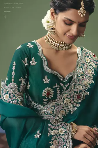 Peacock green designer embroidery fancy  occasion wear saree