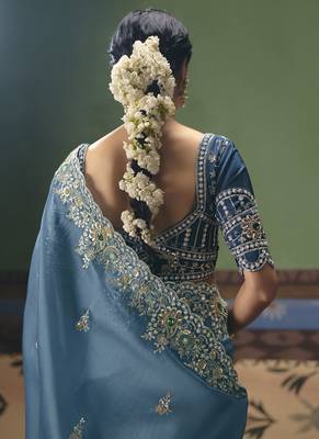 Steel blue designer embroidery fancy occasion wear saree 3