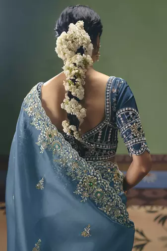 Steel blue designer embroidery fancy occasion wear saree