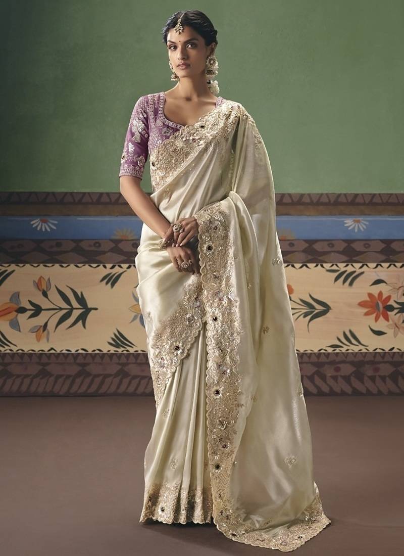 Off white designer embroidery fancy  occasion wear saree