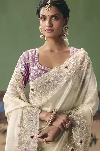 Off white designer embroidery fancy  occasion wear saree