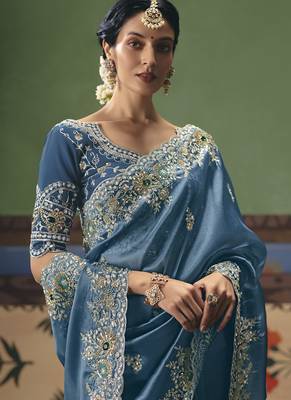 Steel blue designer embroidery fancy occasion wear saree 4