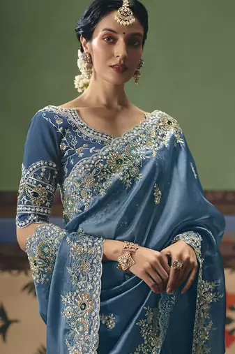 Steel blue designer embroidery fancy occasion wear saree