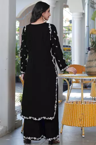 Black embroidered modal satin straight cut kurta