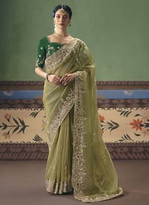 Olive designer embroidery fancy  occasion wear saree 1