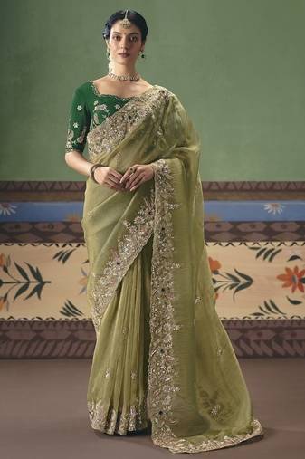 Olive designer embroidery fancy  occasion wear saree