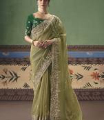 Olive designer embroidery fancy  occasion wear saree